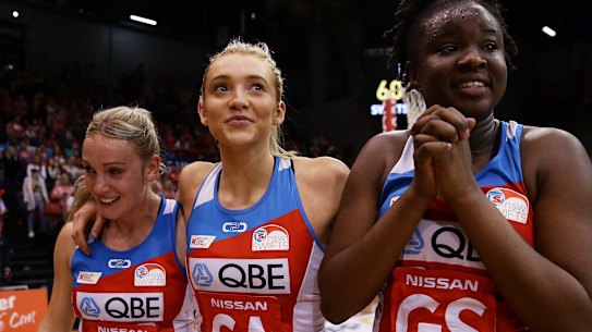 One to go: Natalie Haythornthwaite, Helen Housby and Sam Wallace walk off the court after their preliminary final win.