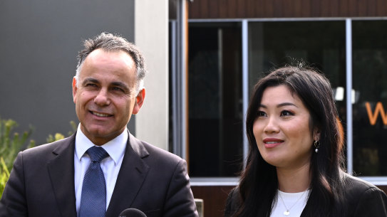 Opposition Leader John Pesutto with Nicole Ta-Ei Werner, the Liberals’ candidate for Warrandyte.