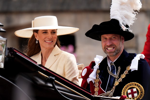 Prince William, Prince of Wales (R) and Catherine, Princess of Wales (L) after attending the annual Order of the Garter Service at Windsor Castle on June 15, 2026 in Windsor, England. 