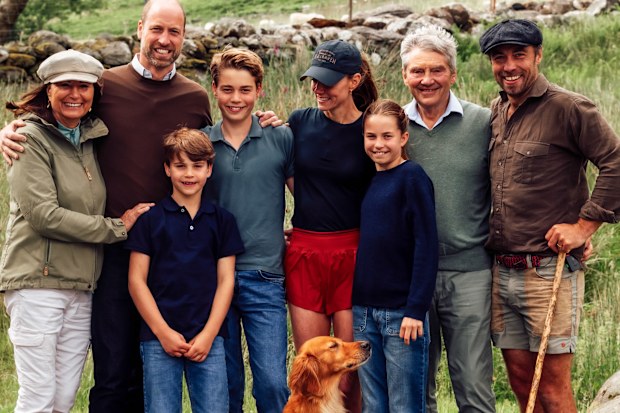 Catherine, Princess of Wales with her family, Carol Middleton, Micheal Middleton, James Middleton, Prince William, Prince George, Princess Charlotte, and Prince Louis after completing the Three Peaks Challenge