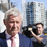 Bernard Collaery leaving the ACT Magistrate’s Court during one of the hearings.