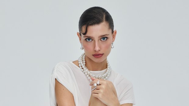 Christopher Esber “Verve” dress, $1450. Paspaley “Touchstone Pearls My Way” earrings. Paspaley “Delfini” pearl necklaces. Paspaley pearl rings.