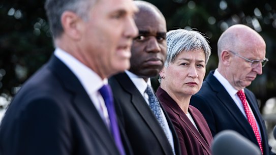 Defence Minister Richard Marles, UK Foreign Secretary David Lammy, Foreign Minister Penny Wong and UK Defence Secretary John Healey at Admiralty House in Kirribilli, Sydney on Friday.