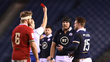 Scotland player Zander Fagerson reacts after being sent off during the Six Nations match between Scotland and Wales at Murrayfield on February 13, 2021 in Edinburgh, Scotland.