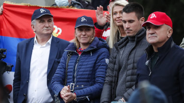 Novak Djokovic’s family attend the rally in Belgrade.