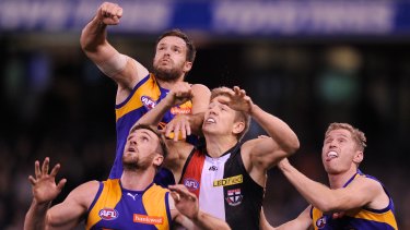 Rhys Stanley outnumbered by Eagleâ€™s Mitchell Brown, Eric MacKenzie and Adam Selwood.