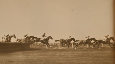 Ken Scott pilots Sir Alogy over the first of 24 jumps ahead of, in order, eventual runner-up Nyangay, third placegetter Clan Robert, on the way to a historic win in the 1928 Australian Steeplechase at Caulfield.