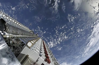 A view of Starlink satellites just before they were deployed in May 2019.