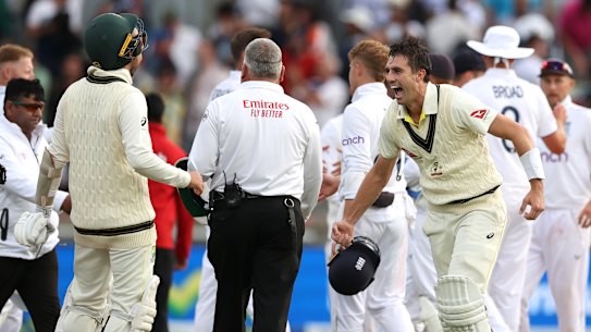 Nathan Lyon and Pat Cummins celebrate Australia’s stirring first Test triumph.