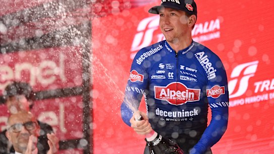 Australian Kaden Groves celebrates winning the fifth stage of the Giro d’Italia.