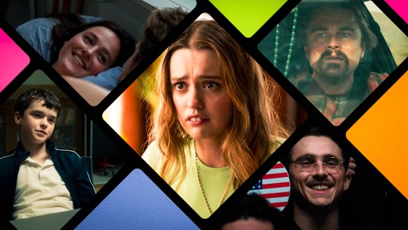 The leading Golden Globe contenders, clockwise from center, are White Lotus, Battle After Another, Marty Supreme, Adolescence and Emotional Value. 