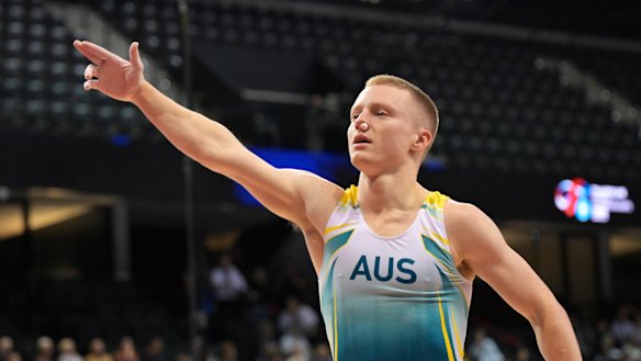 Ethan McGuinness celebrates his final tumbling pass in Navarra Arena, with a certain facial accessory. 