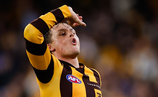 Jack Ginnivan of the Hawks celebrates a goal.