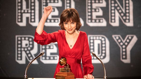 Accepting a Grammy in 1973 with a quip about thanking God "because she makes everything possible": Tilda Cobham-Hervey as Helen Reddy.