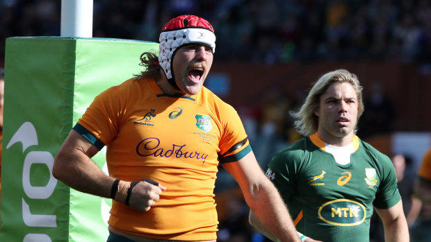 Fraser McReight celebrates one of his two tries against the Springboks.