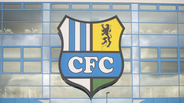 The logo of the Chemnitz FC soccer club at a stadium in Chemnitz, Germany. 