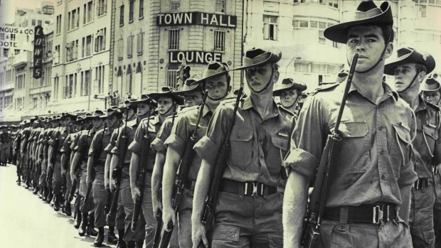 Men from the Fifth battalion march through Sydney on their return from Vietnam in March 1970.