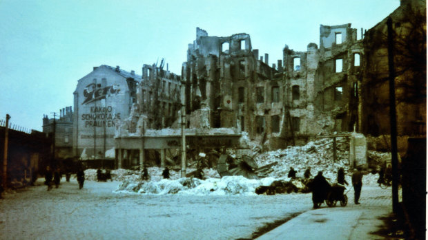 Survivors look for firewood in the aftermath of the destruction of Dresden in February, 1945.