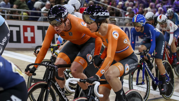 Kirsten Wild and Amy Pieters of The Netherlands compete during the women's madison at the UCI Track Cycling World Championships Berlin.