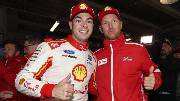 Scott McLaughlin (left) with co-driver Alex Premat after their Bathurst 1000 win on Sunday.