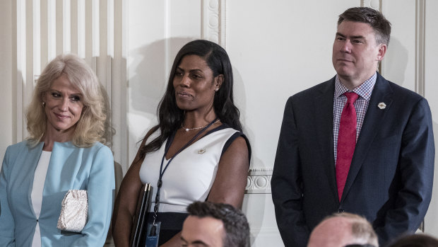 From left, Counsellor to the President Kellyanne Conway, White House Director of communications for the Office of Public Liaison Omarosa Manigault, and White House Communications Director Mike Dubke last year.