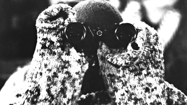 A fan rugged up against the cold watches the action at VFL Park, Waverley.