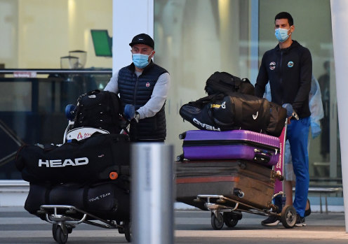 Novak Djokovic arrives at Adelaide Airport in January.