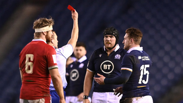 Scotland player Zander Fagerson reacts after being sent off during the Six Nations match between Scotland and Wales at Murrayfield on February 13, 2021 in Edinburgh, Scotland.