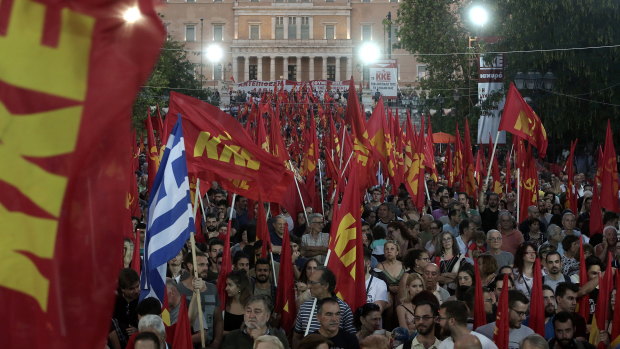 Supporters participate in Greece's Communist Party (KKE) main pre-election rally in central Syntagma square in Athens last week.