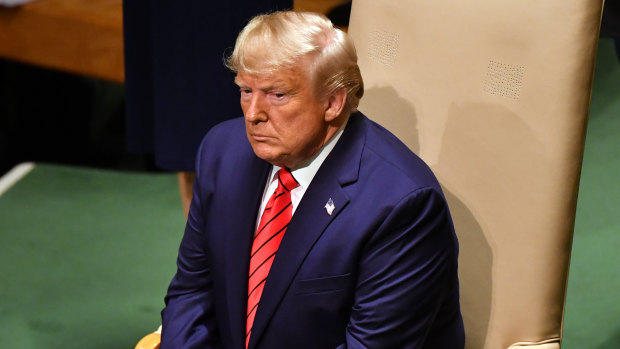 US President Donald Trump waits to address the United Nations General Assembly at its headquarters in New York in Tuesday.