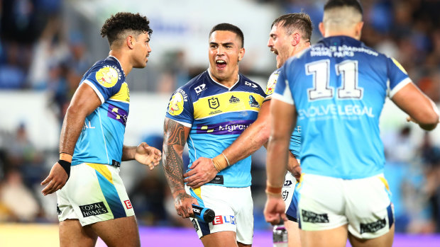 The Gold Coast Titans celebrate the last-minute try.
