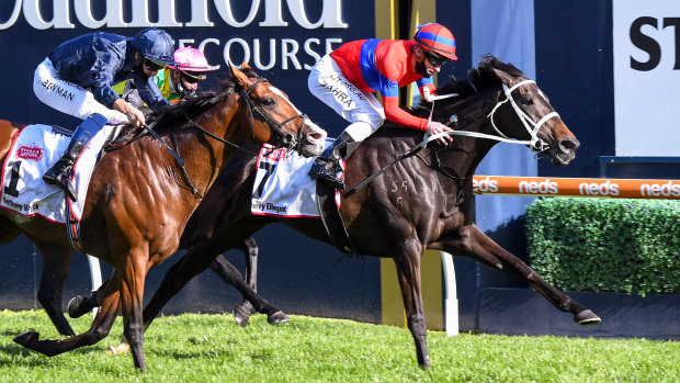 Verry Elleegant holds off Anthony Van Dyck in the drive to the finish in the Caulfield Cup. 