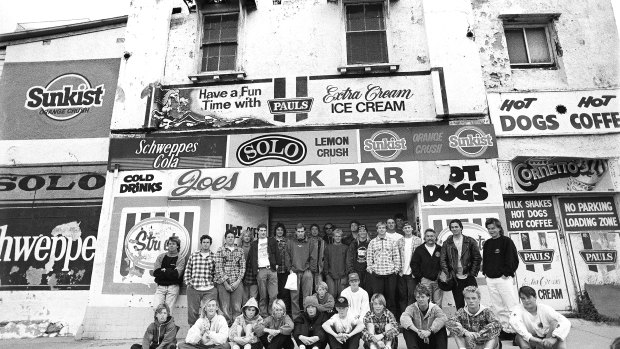 Members of the Cronulla Boardriders in front of Joe’s Milk Bar in 1996.