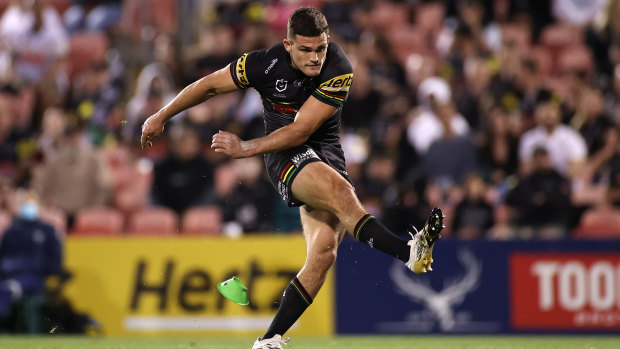 Nathan Cleary kicks the match-winning field goal against the Roosters last week.