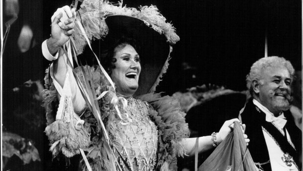 Dame Joan Sutherland during a curtain call for the Merry Widow in 1988.
