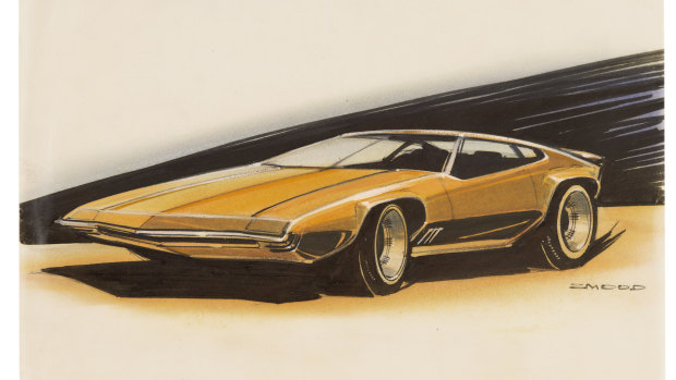 Phillip Zmood, GTR-X Torana, c.1970; ink, pencil, paper.