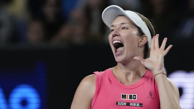 Danielle Collins taunts the Australian crowd following her win over Destanee Aiava.