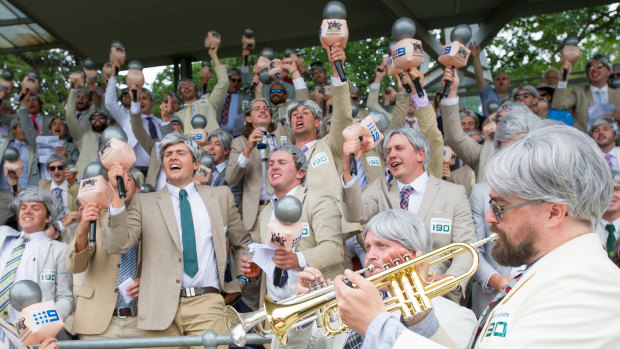 The Richies organiser Michael Hennessy with trumpet players Dan Johnson and David Mahon lead The Richies in performing their rendition of 'Kookaburra sits in the Old Gum Tree' .