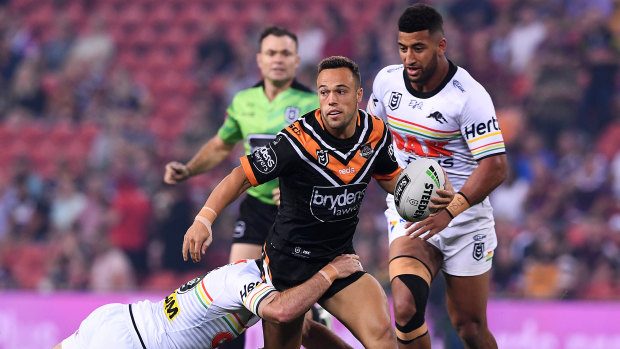 Emerging: Luke Brooks played a key role in the Tigers' heavy victory over Penrith.