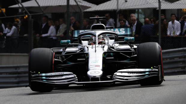 Lewis Hamilton tackles the tight track at Monaco.