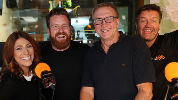 Triple M's Brisbane breakfast show team (left to right): Robin Bailey, new recruit Nick Cody and Greg "Marto" Martin with former presenter Lawrence "the Moonman" Mooney.