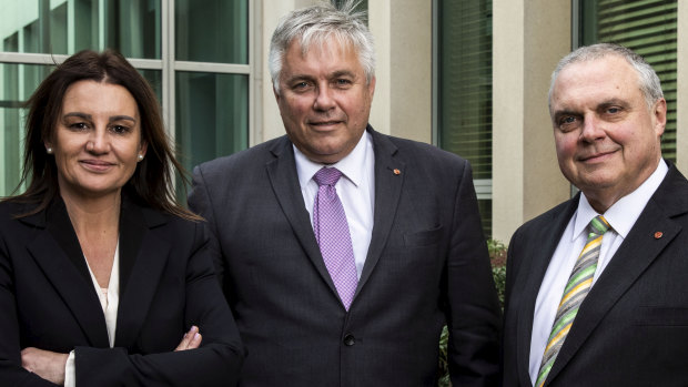 Senator Jacqui Lambie with Centre Alliance senators Rex Patrick and Stirling Griff at Parliament House.