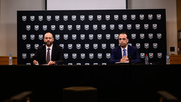 Former NRL chief executive Todd Greenberg and ARL Commission chairman Peter V’landys announce the suspension of the NRL on March 23.
