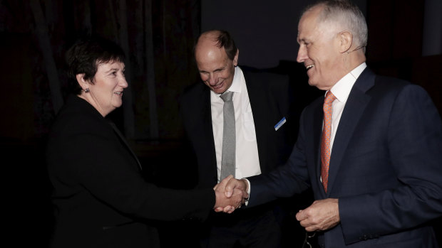 Business Council chief executive Jennifer Westacott, Grant King and Prime Minister Malcolm Turnbull at a business showcase on  Tuesday.