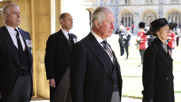 From left, Prince Andrew, Prince Edward, Prince Charles and Princess Anne during the funeral of Britain’s Prince Philip inside Windsor Castle in Windsor.