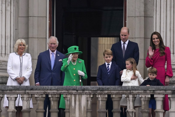 The Queen appears on the Buckingham Palace balcony with the Duchess of Cornwall, Prince Charles and the Cambridges.