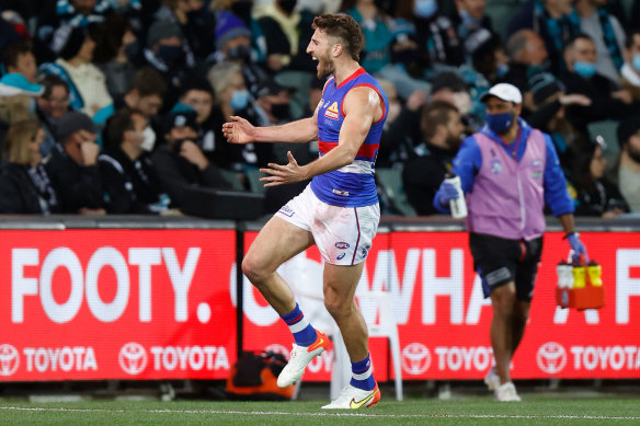 Marcus Bontempelli celebrates a goal during the Bulldogs’ win over Port Adelaide.