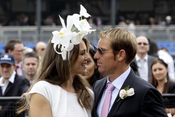 Shane Warne and Liz Hurley at Flemington in 2011.