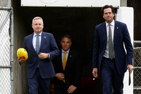 From left: Tasmanian Premier Jeremy Rockliff, acting Prime Minister Richard Marles and AFL CEO Gillon McLachlan arrive for the announcement of Tasmania’s AFL licence.