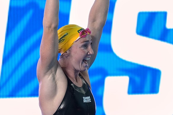 Lani Pallister celebrates her victory in the 800m freestyle.